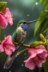Hummingbird gracefully defies rain, collecting nectar from flowers in a stunning Shutterstock capture. A blend of natural beauty, survival, and enchanting fantasy.