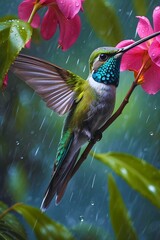Hummingbird gracefully defies rain, collecting nectar from flowers in a stunning Shutterstock capture. A blend of natural beauty, survival, and enchanting fantasy.