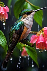 Hummingbird gracefully defies rain, collecting nectar from flowers in a stunning Shutterstock capture. A blend of natural beauty, survival, and enchanting fantasy.
