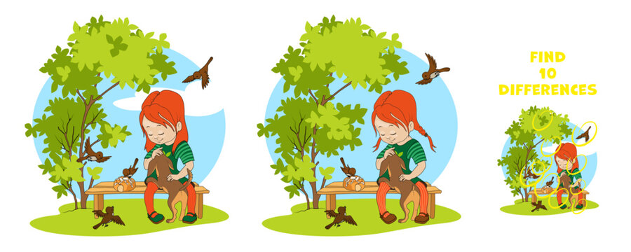 Cartoon child girl siting on a bench in city park or in yard, petting puppy and feeding birds a bun. Find differences. Attention puzzle for kids