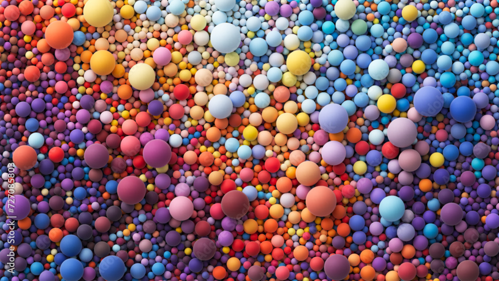 Poster background with many colorful big and small random spheres. huge pile of colorful matte soft balls i