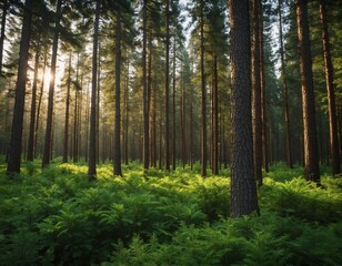 Fototapeta premium Nature symphony. Lush green pines forest serene summer morning view. Coniferous haven.