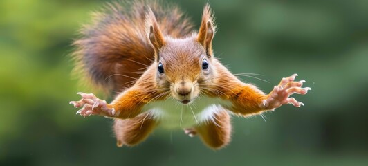 Wildlife animal photography background - Closeup of sweet crazy jumping red squirrel (sciurus vulgaris) in the forest or park © Corri Seizinger