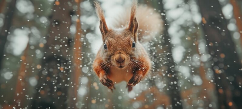 Wildlife animal photography background - Closeup of sweet crazy jumping red squirrel (sciurus vulgaris) in the forest or park in winter, with snow and snowflakes
