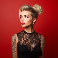 Fototapeta premium Portrait of a beautiful girl with tattoos and a creative hairstyle. Tattooed girl with blonde hair and makeup standing on a red background looking to the side. Profile picture of a woman with tattoos