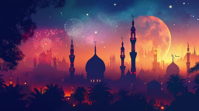 islamic decoration background with crescent moon mosque window koran lantern Seamless looping 4k time-lapse virtual video animation background. Generated AI	