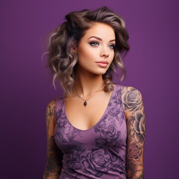Portrait of a beautiful young girl with tattoos and a creative hairstyle. Tattooed girl with wavy hair standing on a purple background looking to side. Profile picture of a girl with stylish hair.