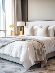 Modern hotel room with a neatly made bed, plush pillows, and elegant scandinavian simple decor.