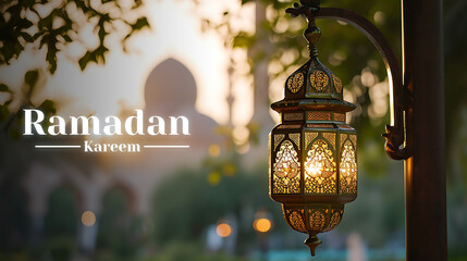 Hanging Ornamental Arabic lantern glowing at night invitation for Muslim holy month Ramadan Kareem