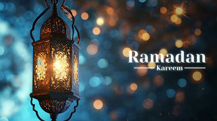 Hanging Ornamental Arabic lantern glowing at night invitation for Muslim holy month Ramadan Kareem