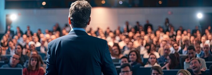 Speaker standing in front of the audience. Public speaking concept.