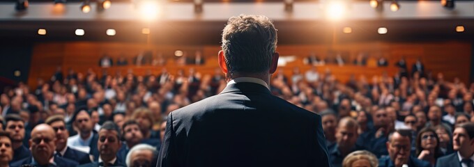 Speaker standing in front of the audience. Public speaking concept.