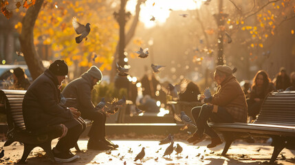 Serene cityscape with people enjoying a peaceful day in a sun-kissed square, feeding pigeons on...