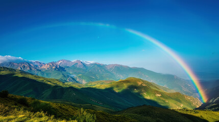 Beautiful rainbow in green mountain valley with green hills with copy space. Ecotourism concept. Generative AI