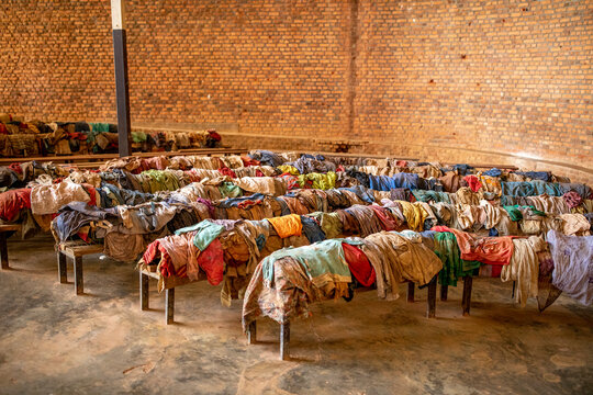 Nyamata Genocide Memorial Center, Nyamata, Rwanda. Victims' clothes on church pews