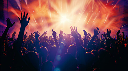 Silhouette of an ecstatic crowd, arms raised, cheering and completely immersed in the electrifying...