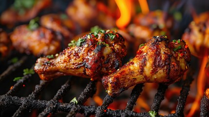Spicy chicken legs are grilled on a wire rack - obrazy, fototapety, plakaty