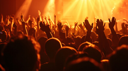 Fototapeta na wymiar Silhouette of ecstatic crowd rejoicing at an electrifying concert under vibrant lights. Embrace the contagious energy of live music with this captivating image.