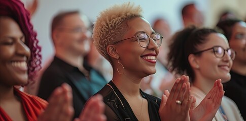 Obraz premium A smiling business woman applauds at a business conference.