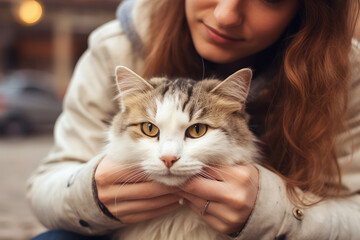 Cute Domestic Cat and Loving Female Owner Enjoying Cozy Indoor Bonding Time