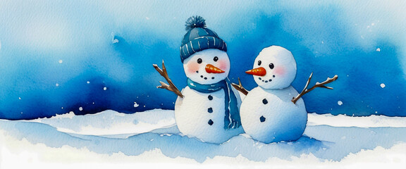 Two snowmen standing affectionately. Blue winter sky. A snowy winter landscape. Illustration in watercolor style.