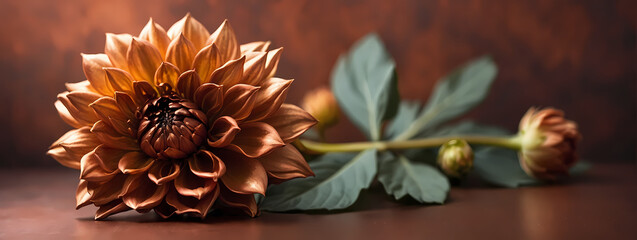 Copper dahlia with copy space. Calming copper dahlia on a muted copper background with space for text.