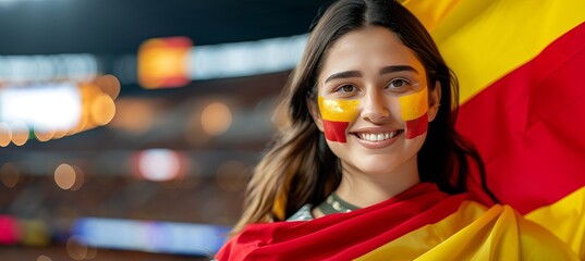 Spanish fan with painted face cheering at sports event with stadium background and copy space