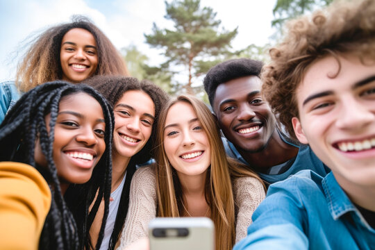 International group of young people smiling together at camera - Happy friends taking selfie pic