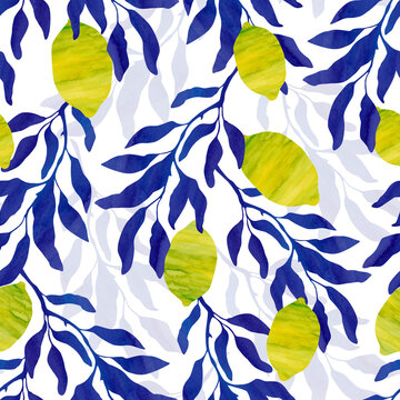 Seamless pattern with yellow lemon fruits and blue branches on a white background. Watercolor collage. Design for fabric, packaging, wrapping, cover. © Svetlana