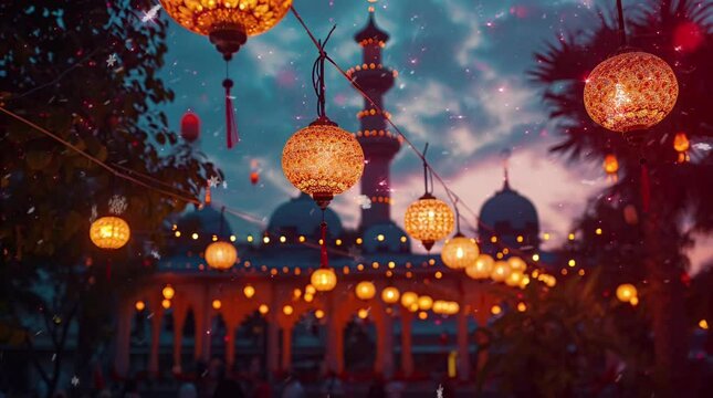 mosque at night with beautiful panorama, eid mubarak, ramadan kareem.  Seamless looping 4k time-lapse virtual video animation background. Generated AI	