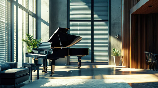 Classic Grand Black Piano In Aesthetic Minimalist Style Room Interior Full Of Light. Musical Concept. Generative AI