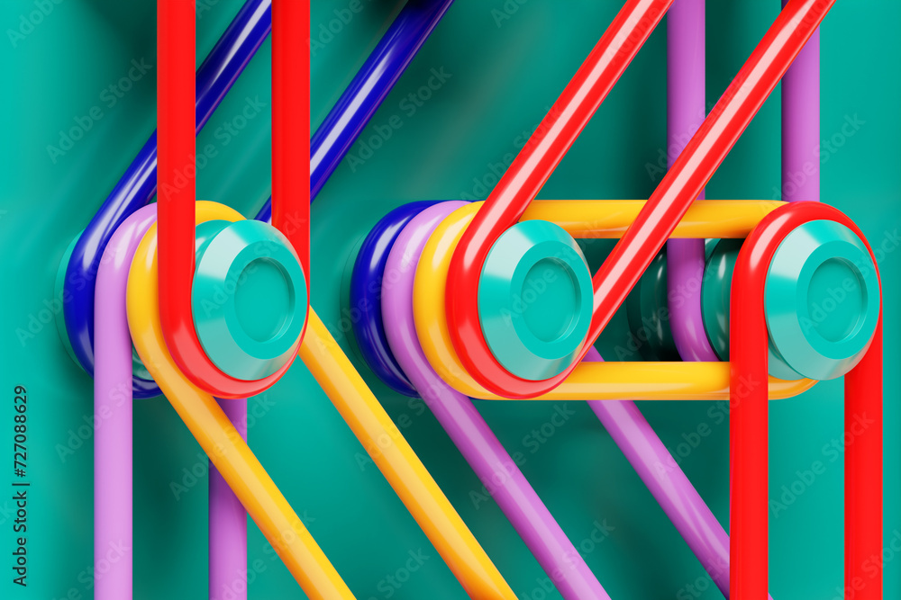 Poster a composition in which bright multi-colored re-ins are stretched on buttons. 3d rendering digital il