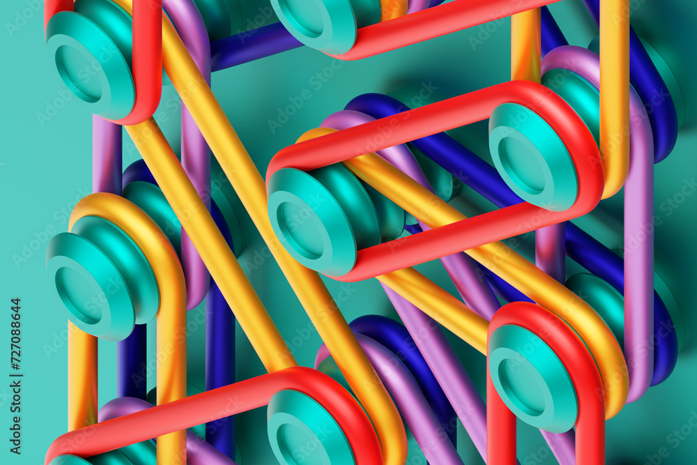 Poster a composition in which bright multi-colored re-ins are stretched on buttons. 3d rendering digital il