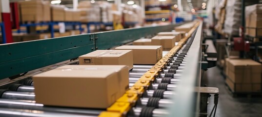 Efficient movement of multiple cardboard box packages on conveyor belt in warehouse facility