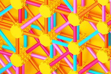 A composition in which bright multi-colored re-ins are stretched on buttons. 3D rendering digital illustration. Abstract  crossing lines pattern