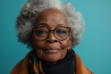 portrait of an elderly woman in glasses on a blue background