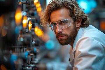 a man in safety glasses and a white coat in production or in a laboratory, at a winery
