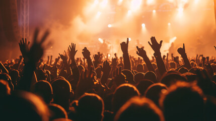 Dynamic silhouette of a euphoric crowd cheering at an electrifying concert, capturing the energy...