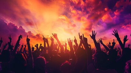 Dynamic silhouette of a euphoric crowd cheering at an electrifying concert, capturing the energy and excitement of live music. - obrazy, fototapety, plakaty