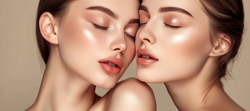 Romantic moment of two beautiful young women models kissing each other, two girls facing each other