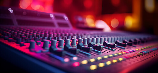 dj mixer in a studio , Close-Up of Audio Mixing Board, blurry background