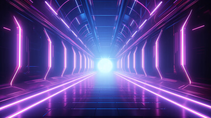 Cyberpunk style tunnel with neon glowing lights, abstract background.