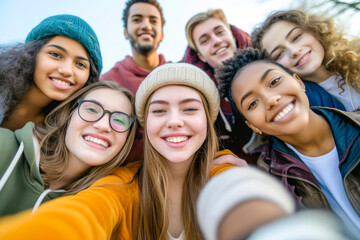 Obraz premium International group of young people smiling together at camera - Happy friends taking selfie pic