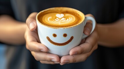 Cheerful morning concept  hands holding a hot coffee cup with a delightful smiling face on the mug