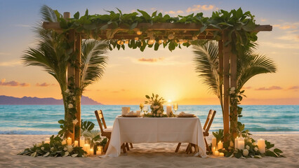 Picture a romantic beach picnic table setup for two during the golden hour with the soft glow of the setting sun, the gentle rustle of palm leaves, and the intimate ambiance created by the carefully a
