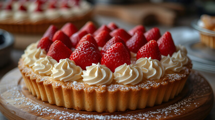 "Strawberry Cream Tart with Whipped Topping, a Tempting and Artistic Pastry, Ideal for Food Magazines and Sweet Treat Promotions,