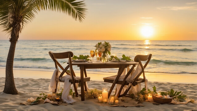 Picture a romantic beach picnic table setup for two during the golden hour with the soft glow of the setting sun, the gentle rustle of palm leaves, and the intimate ambiance created by the carefully a