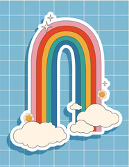 Groovy sticker rainbow in cartoon psychedelic retro style on a blue background. Vector illustration.