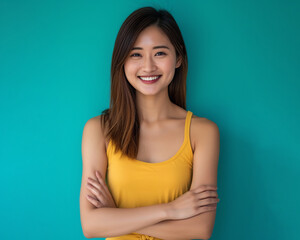 asian lady smiling wearing casual outfit yellow t-shirt summer photo concept