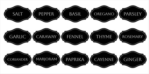 Set of vector kitchen sticker. Spice pepper label, herb tag, spicy emblem, paper, salt, ginger, thyme, sugar, jar label.
